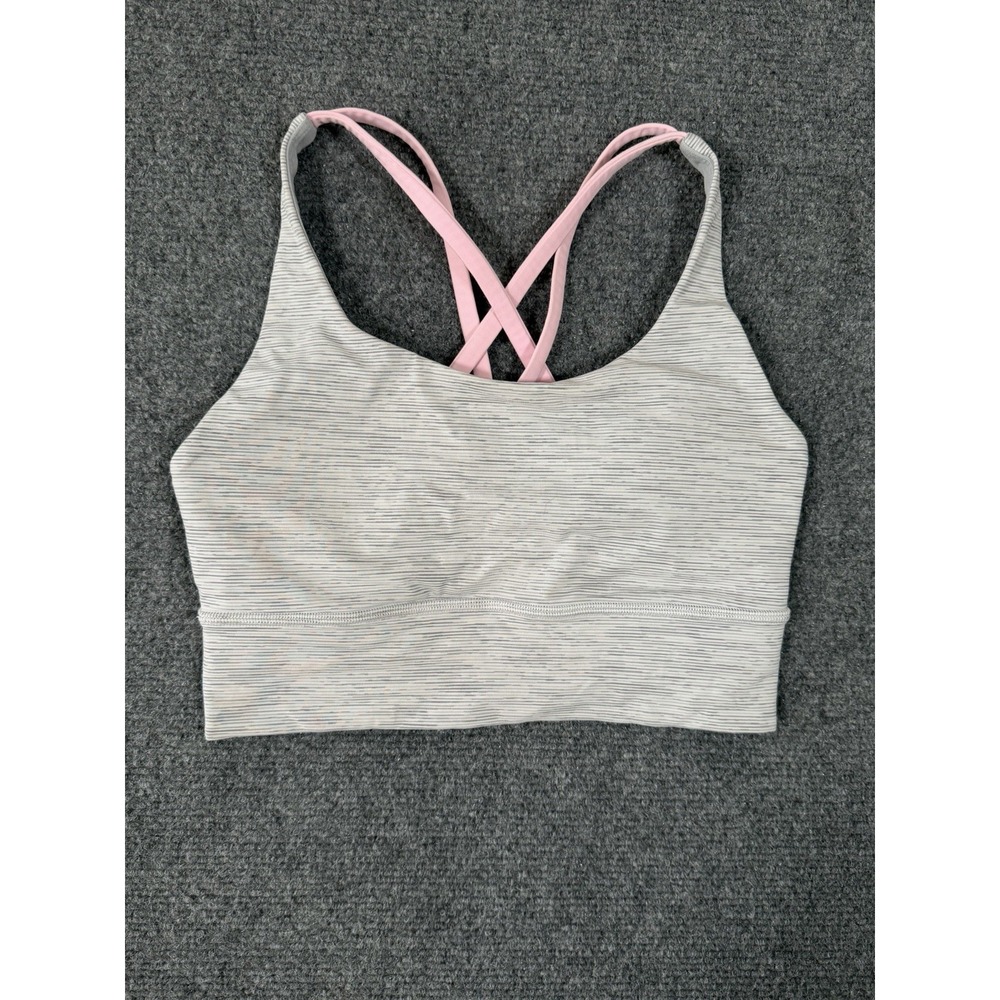 Lululemon Energy Sports Bra Womens 4 Gray Pink Longline Crossback Yoga Gym